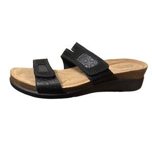 Clarks Calenne Maye Women's Black Leather Wedge Slide Sandals Two Straps Size 11